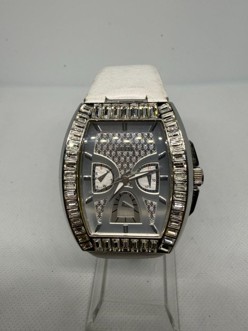 Guess Ladies Silver Multifunction Watch Rhinestone Rectangular Case W18532L2